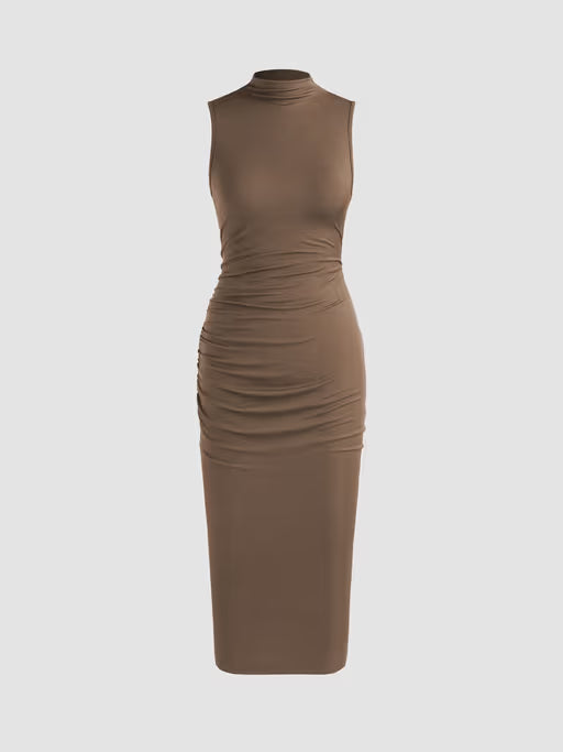 knee length dresses for ladies Brown Turtle Neck Long Sleeve Rib Fitted Midi Dress – PinkBlush main image 1