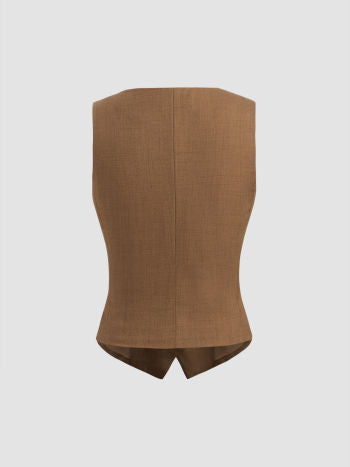 Brown V-neck Solid Button Vest