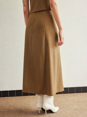 Brown High Waist Solid Maxi Skirt
