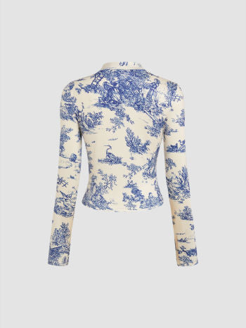 Blue-White Floral Knitted Long Sleeve Top