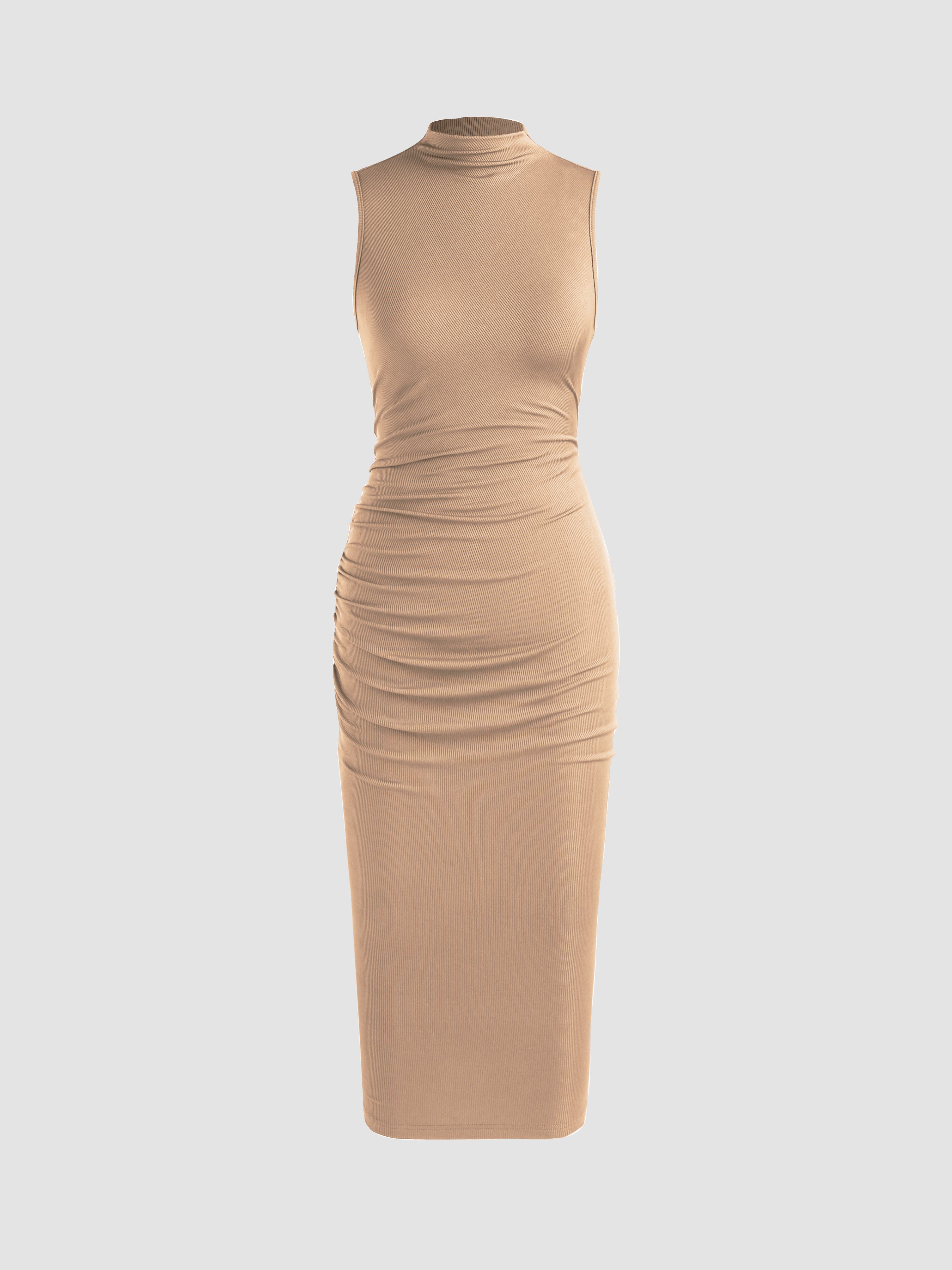 Beige High Neck Midi Dress