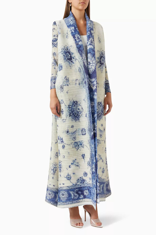 Off White Pleated Abaya with Floral Print