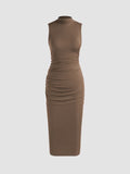 Brown High Neck Midi Dress