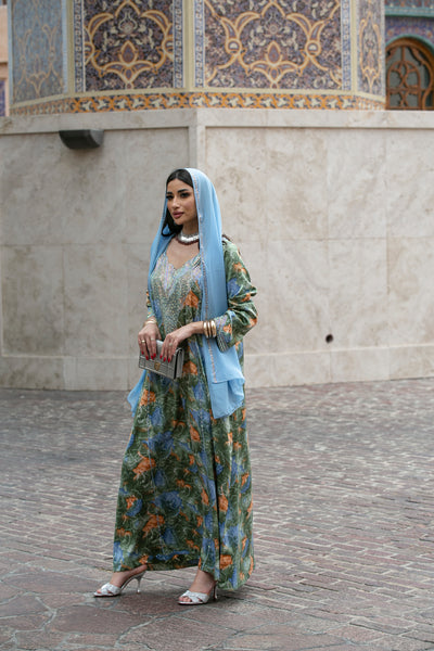 Floral Mukhawar with scarf in Green&Blue