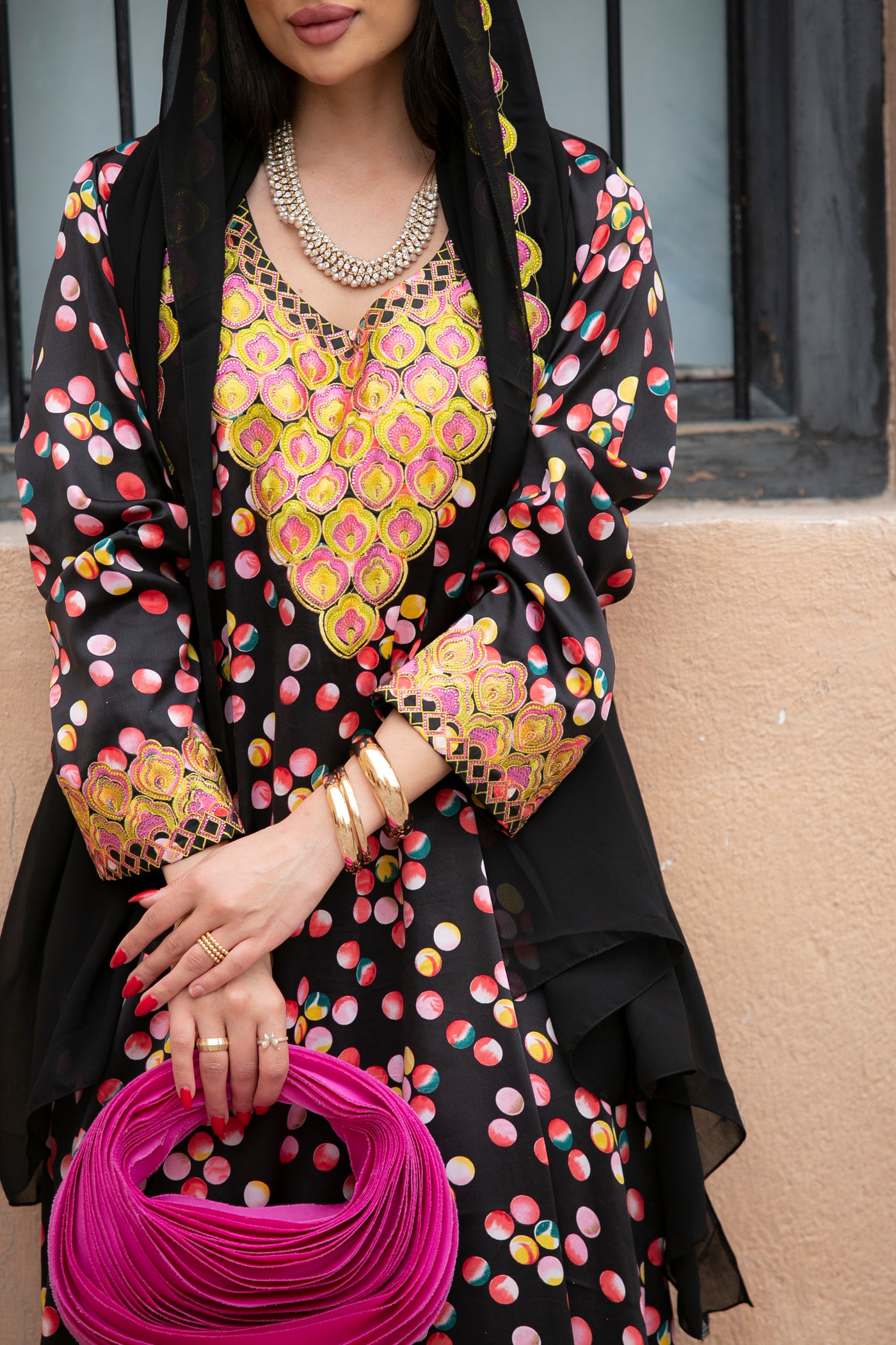 Printed Mukhawar in Black with scarf