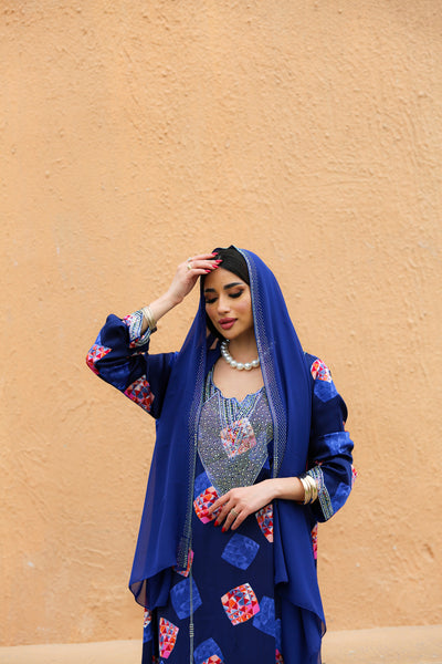 Printed Mukhawar in Navy blue with scarf