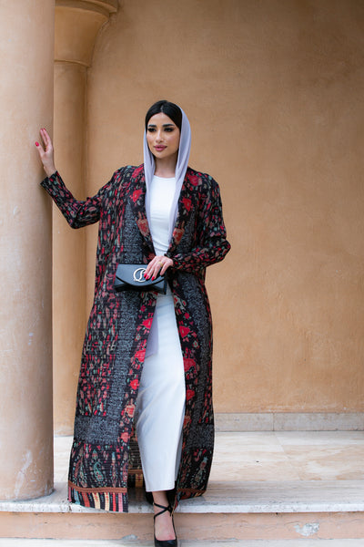 Haneen alsaify X Becosy in Multi color pleated abaya with floral print