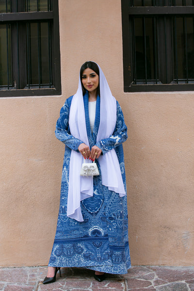 Haneen alsaify X Becosy  in Navy blue pleated abaya with floral print