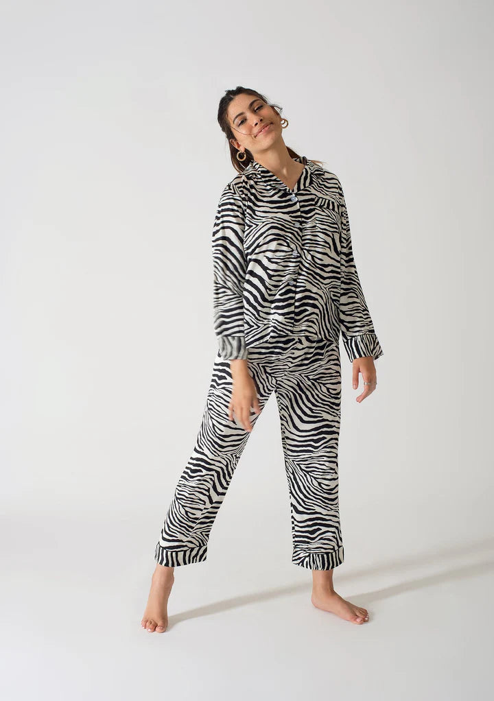 Be Cosy White and Black Satin PJ Set with Zebra Print