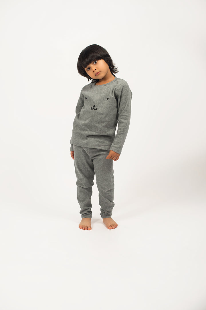 Be Cosy Kids Grey PJ Set with Bear Face