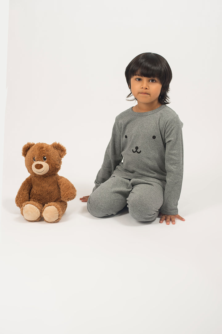 Be Cosy Kids Grey PJ Set with Bear Face