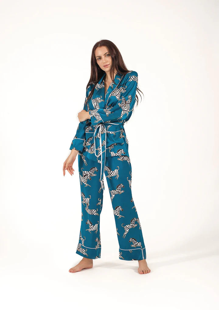 Be Cosy Turquoise Satin PJ Set with Zebra Print