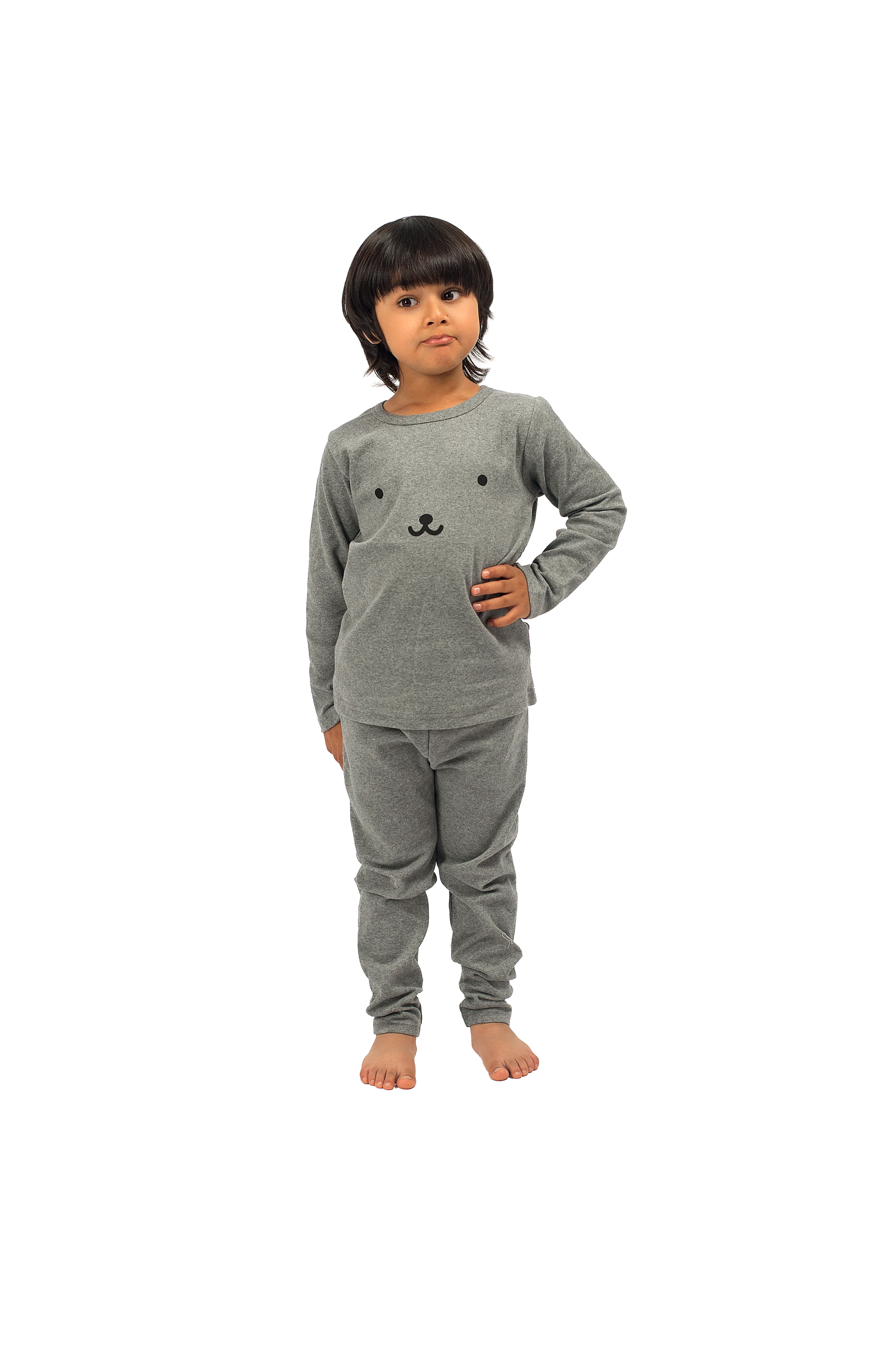 Be Cosy Kids Grey PJ Set with Bear Face