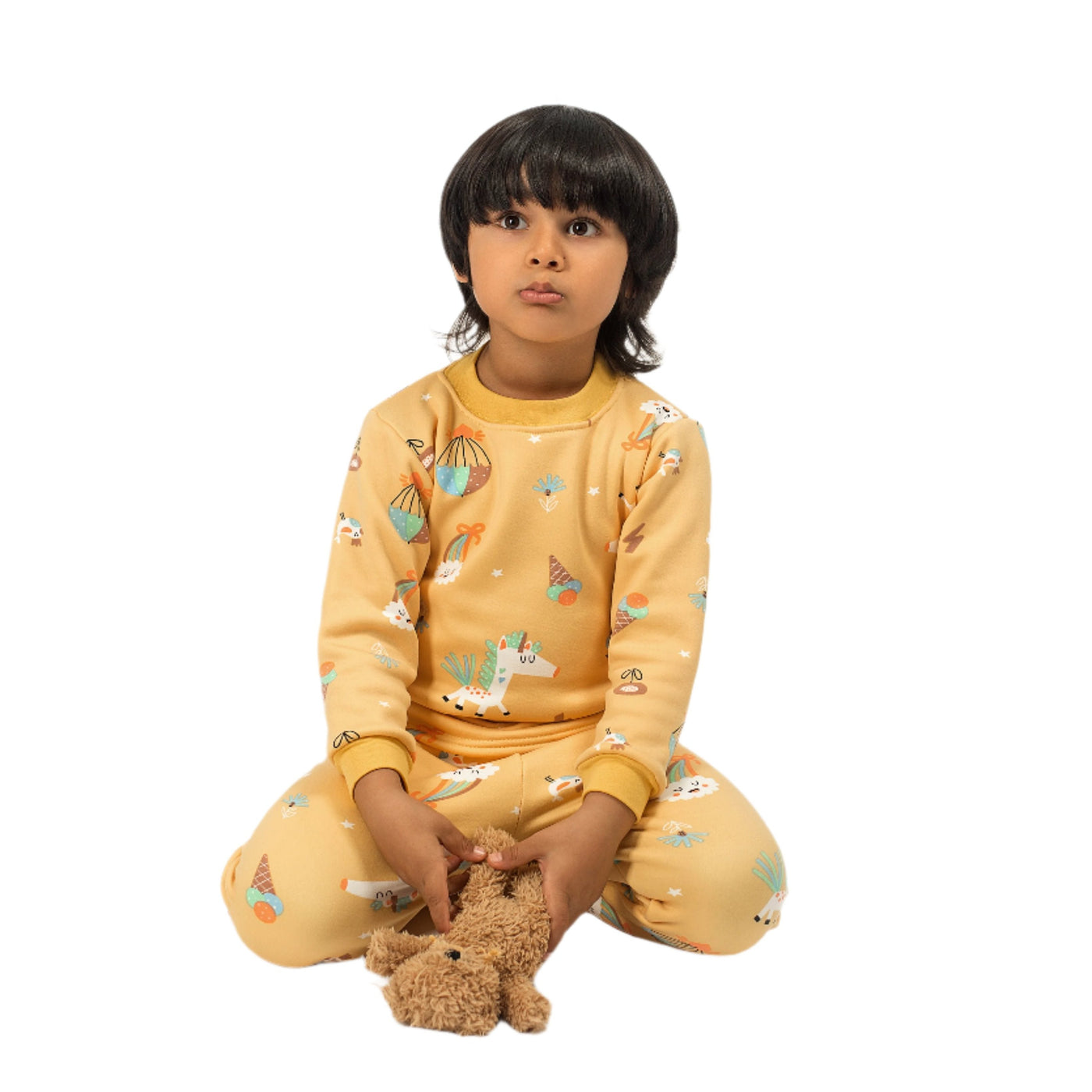 Be Cosy kids winter yellow PJ set with cartoon print