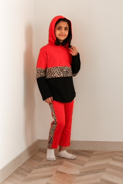 Be Cosy Girl's Red and Black Tiger  Print Cotton Set with Hoodie