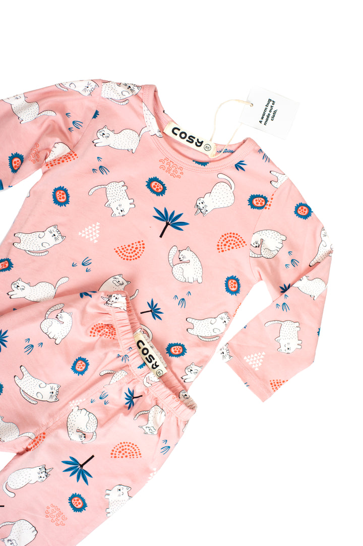 Be Cosy Girl's Pink PJ Set with Cat Print