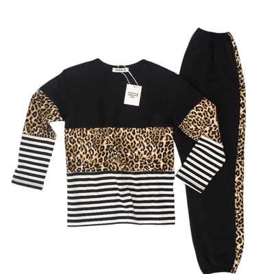 Be Cosy girls cotton black set with tiger print and stripes