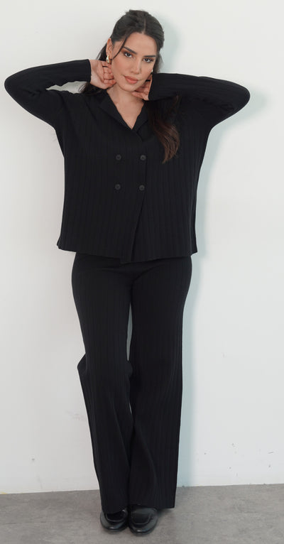 Black Shirt Collar Cardigan Trousers Set
