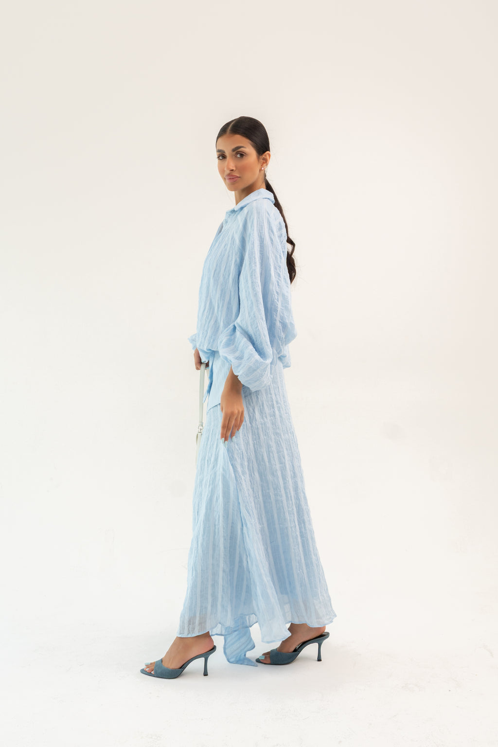 SKY BLUE OVERSIZED BLOUSE WITH MAXI SKIRT - STRIPED