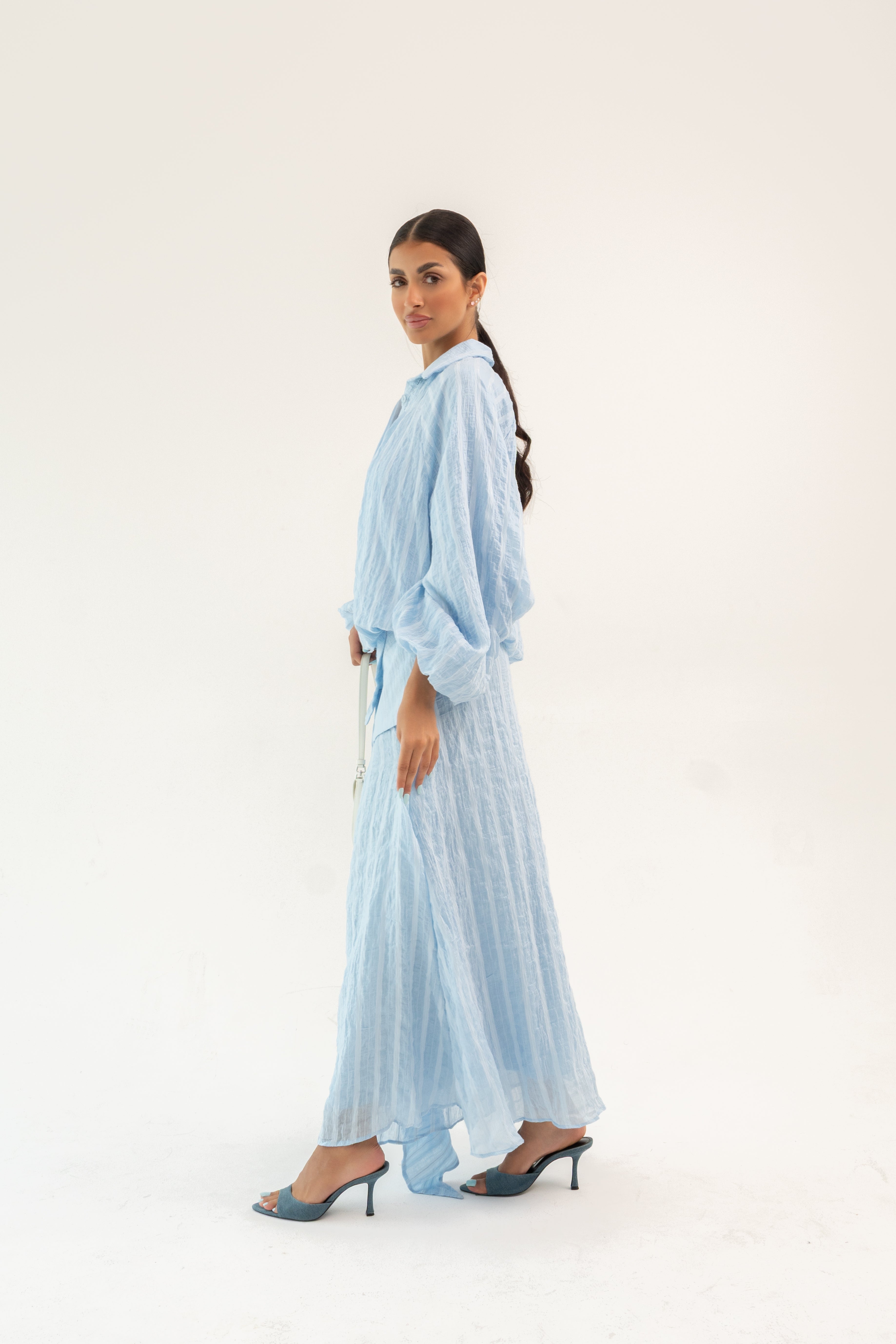 SKY BLUE OVERSIZED BLOUSE WITH MAXI SKIRT - STRIPED