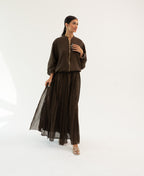 SOFT TOUCH BROWN OVERSIZED ZIPPER BLOUSE WITH PLEATED MAXI SKIRT