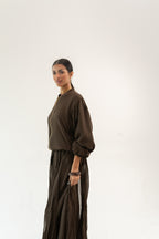 SOFT TOUCH BROWN OVERSIZED ZIPPER BLOUSE WITH PLEATED MAXI SKIRT