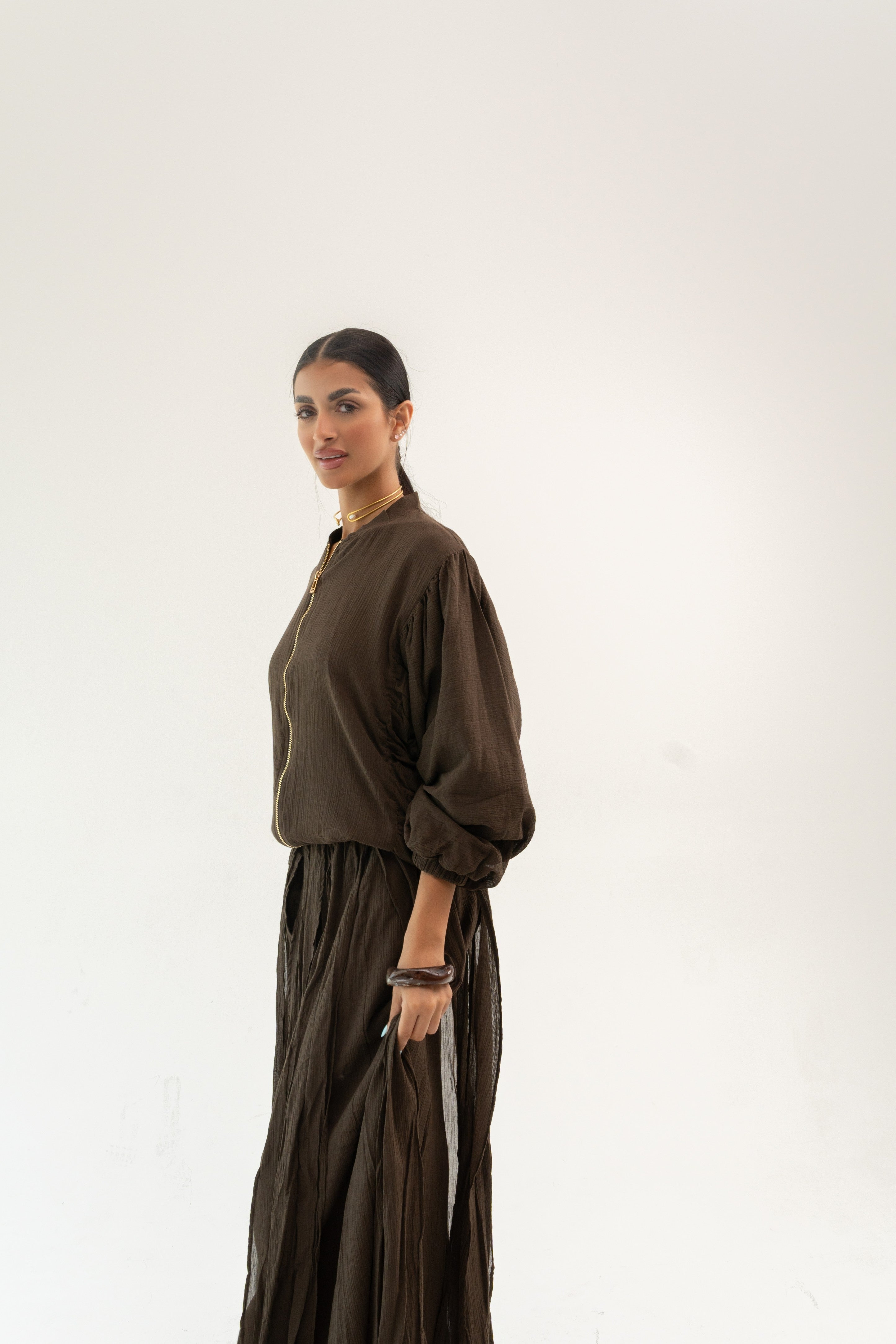 SOFT TOUCH BROWN OVERSIZED ZIPPER BLOUSE WITH PLEATED MAXI SKIRT