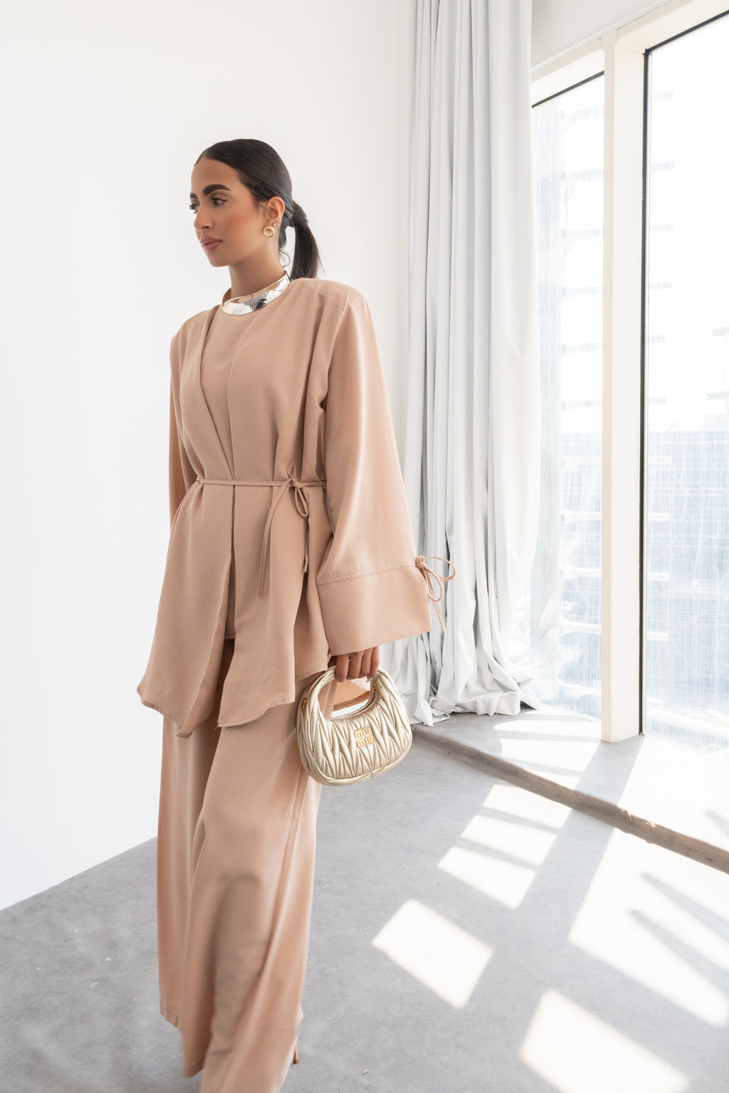 PEACH LONG TUNIC WITH SIDE TIES AND WIDE LEG TROUSERS