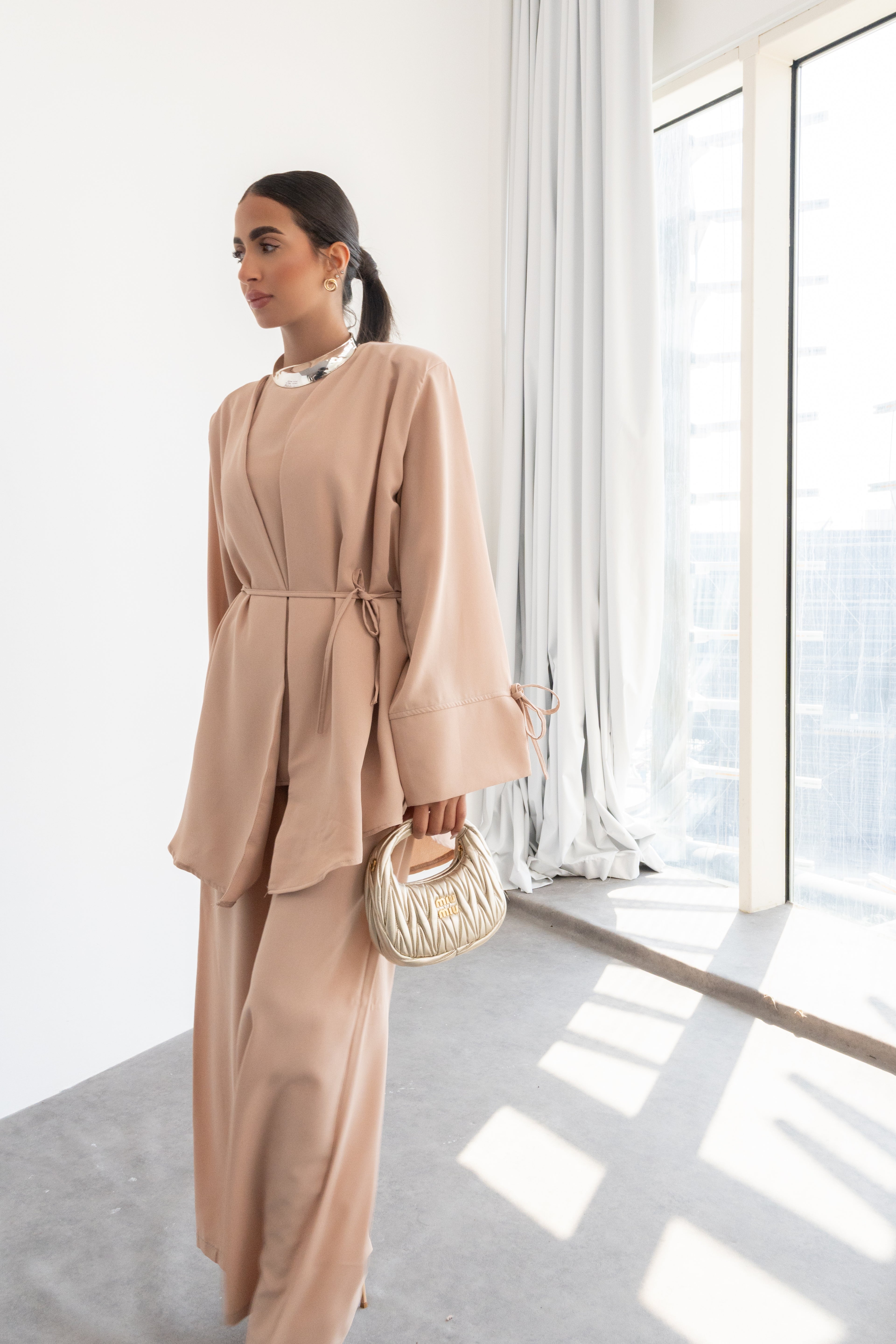 PEACH LONG TUNIC WITH SIDE TIES AND WIDE LEG TROUSERS