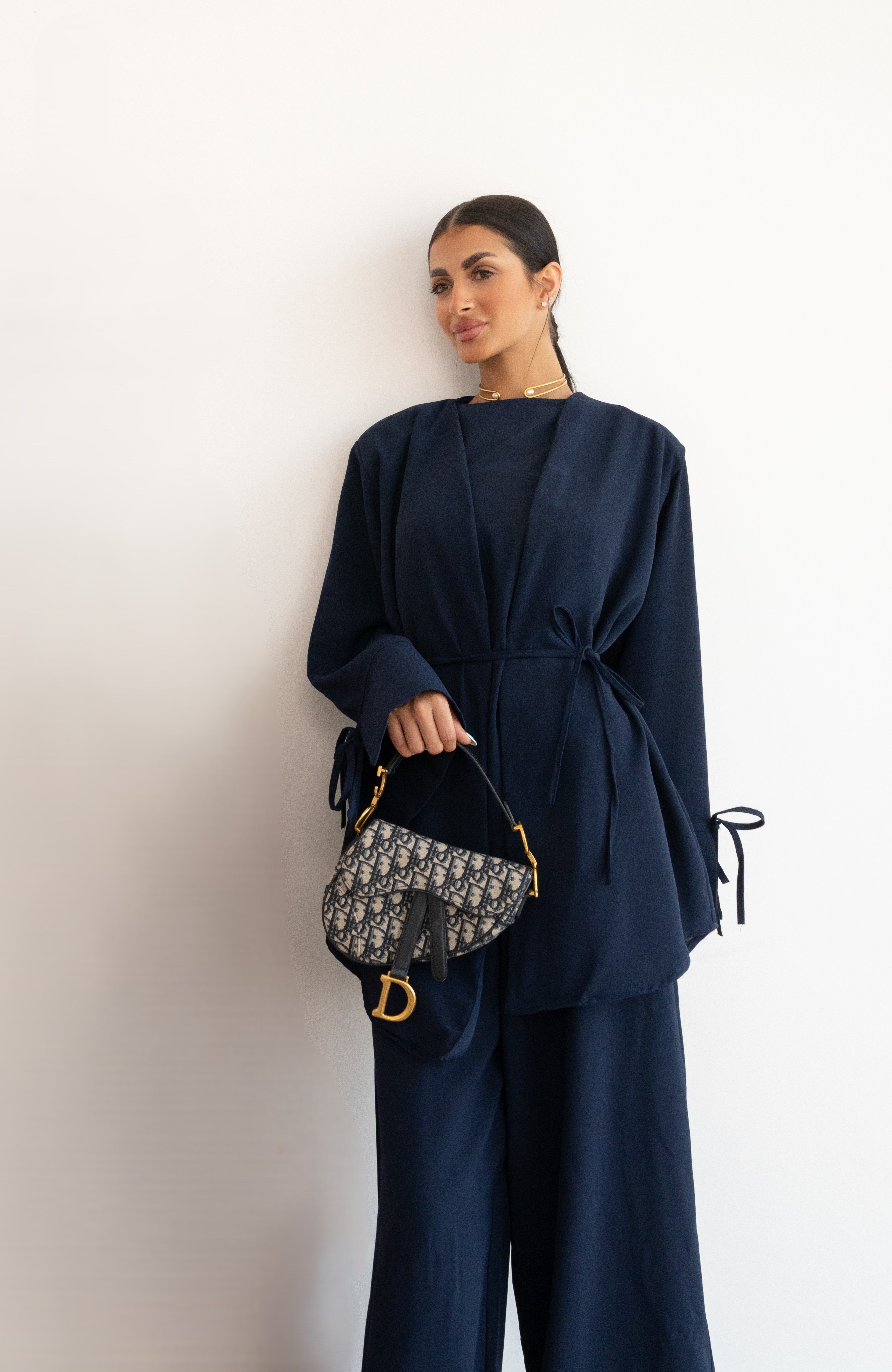 NAVY BLUE LONG TUNIC WITH SIDE TIES AND WIDE LEG TROUSERS