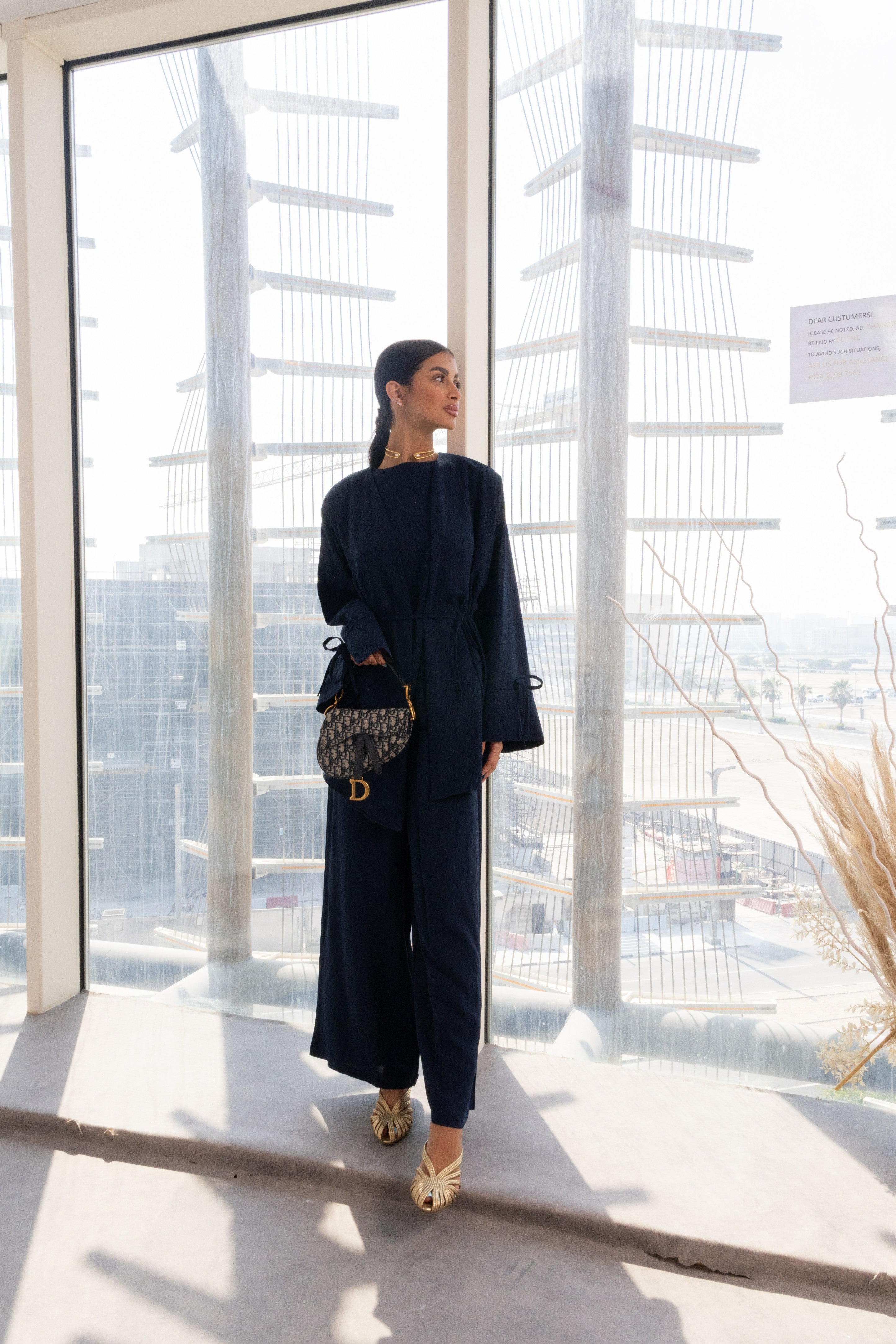 NAVY BLUE LONG TUNIC WITH SIDE TIES AND WIDE LEG TROUSERS