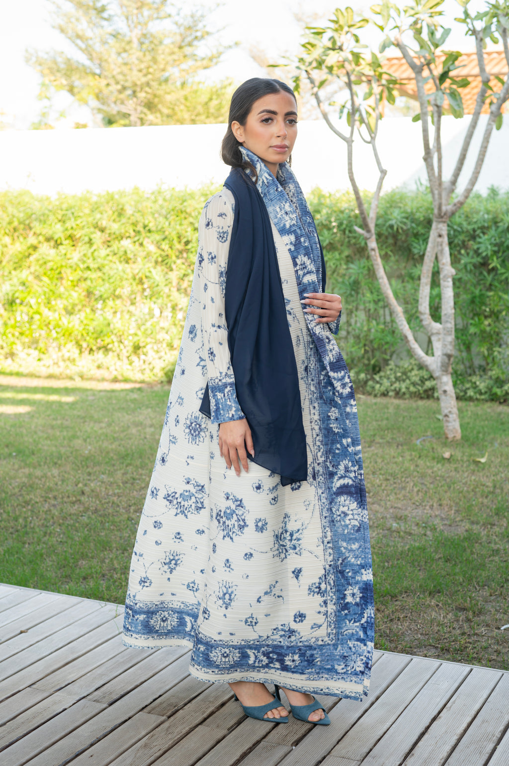 Off White and Blue Pleated Abaya with Floral Prints