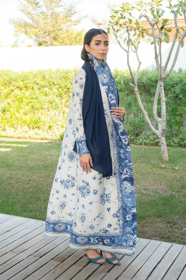Off White and Blue Pleated Abaya with Floral Prints