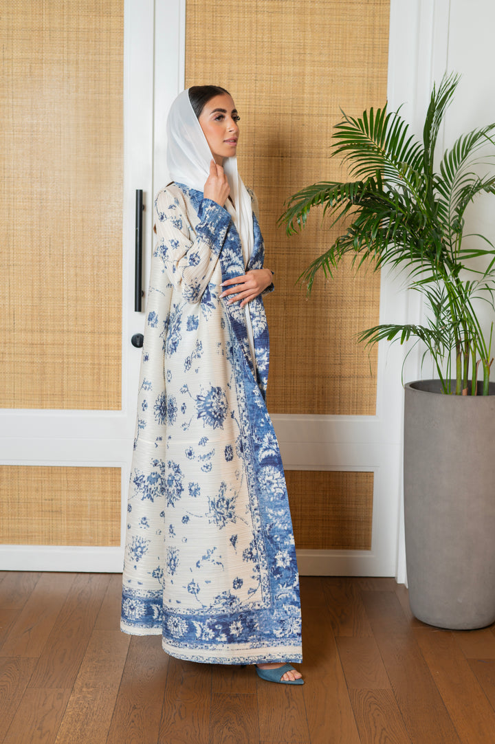 Off White and Blue Pleated Abaya with Floral Prints