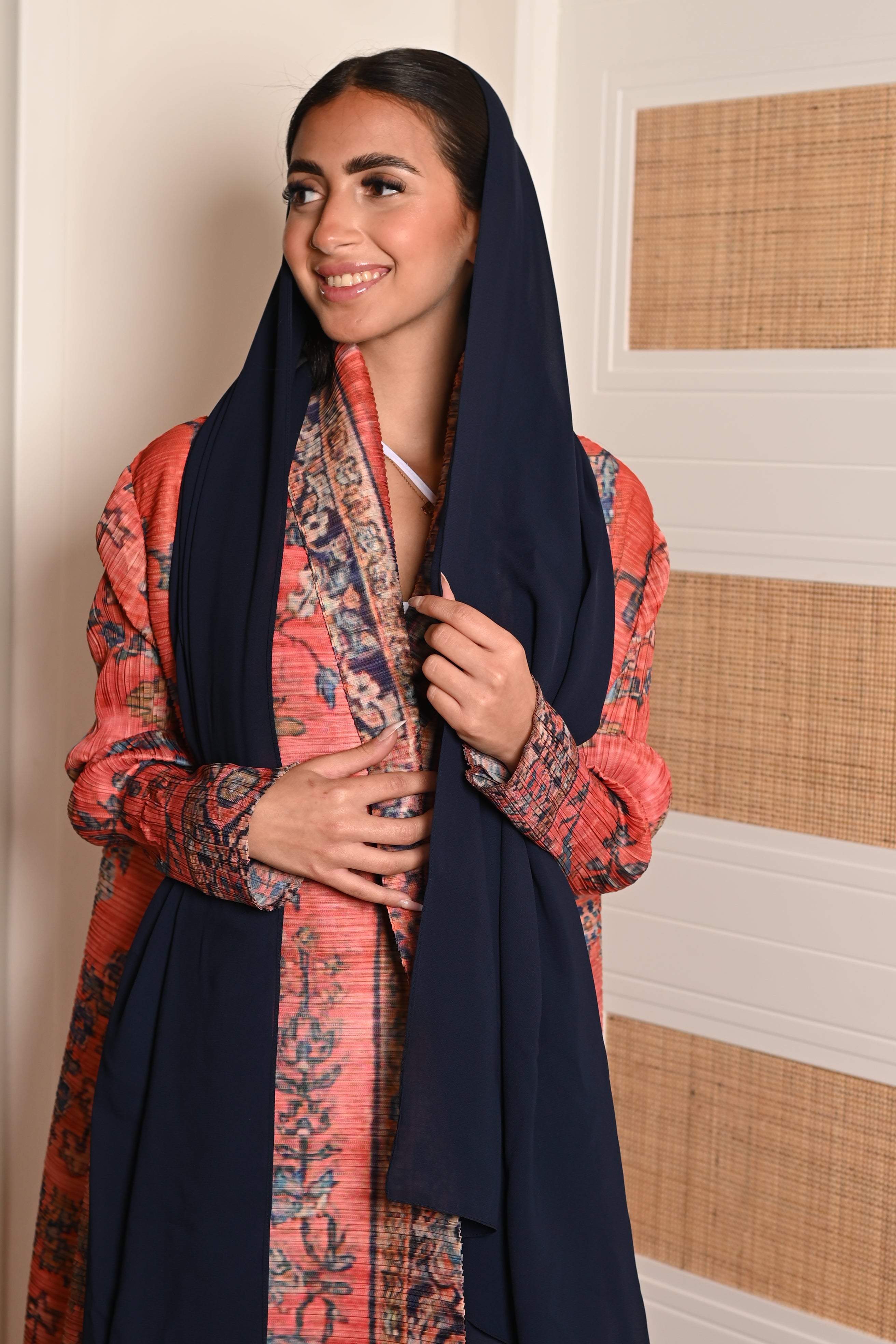 Orange Pleated Abaya with Floral Print