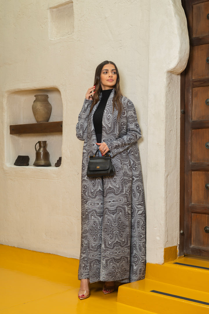 Grey Marble Printed Plisse Abaya