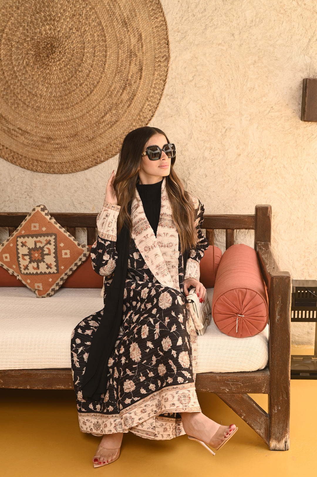 Black and Ivory Vintage Printed Plisse Abaya