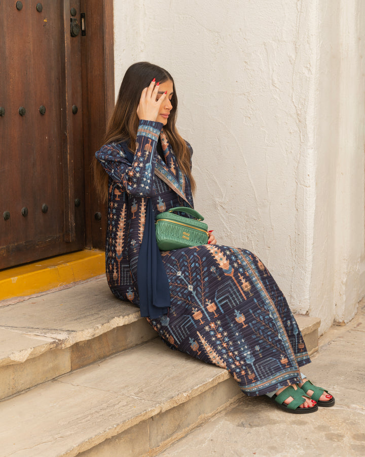 Indigo Vintage Printed Plisse Abaya