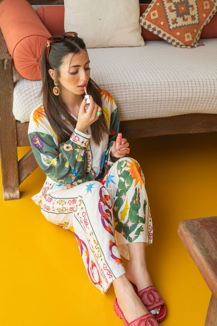 Multicolor Zodiac Printed Soft Linen Touch Summer Co-ord Set