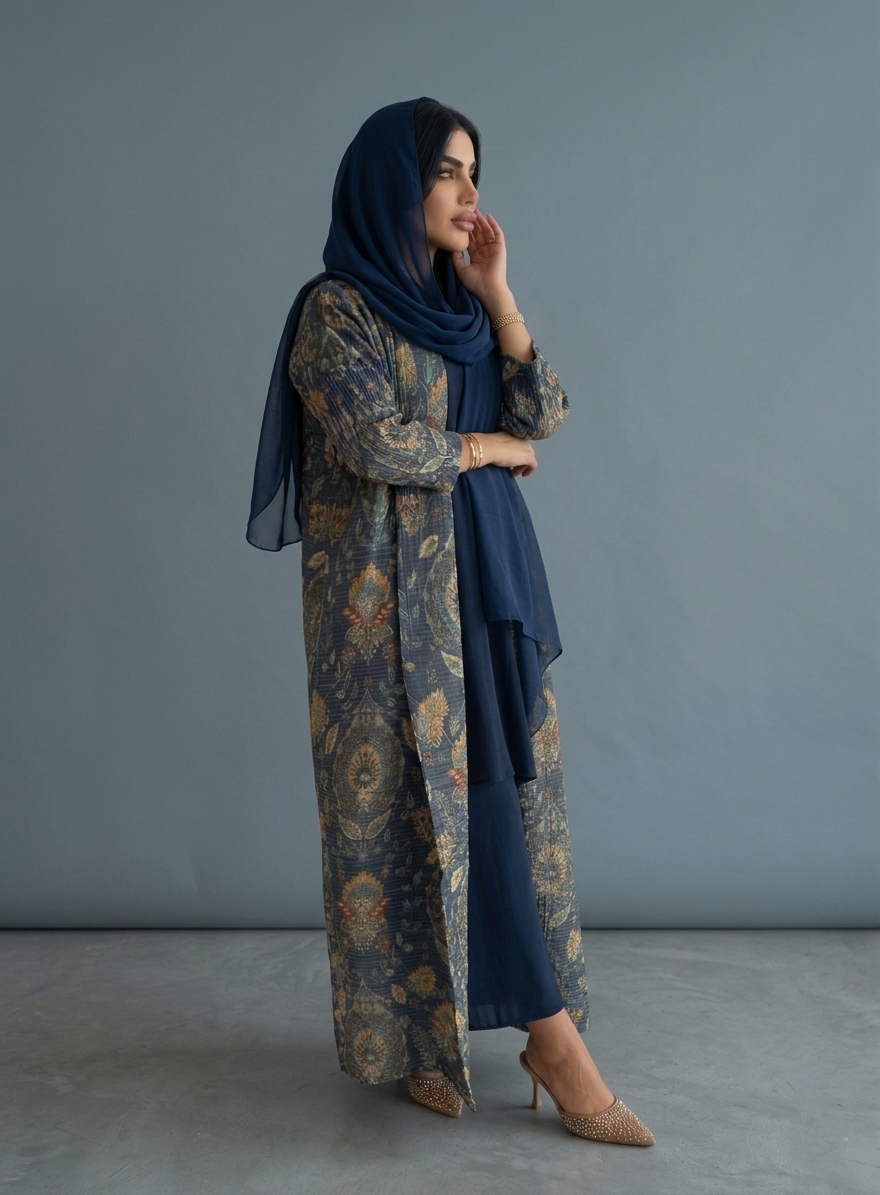 Slate Blue Floral Plisse Abaya