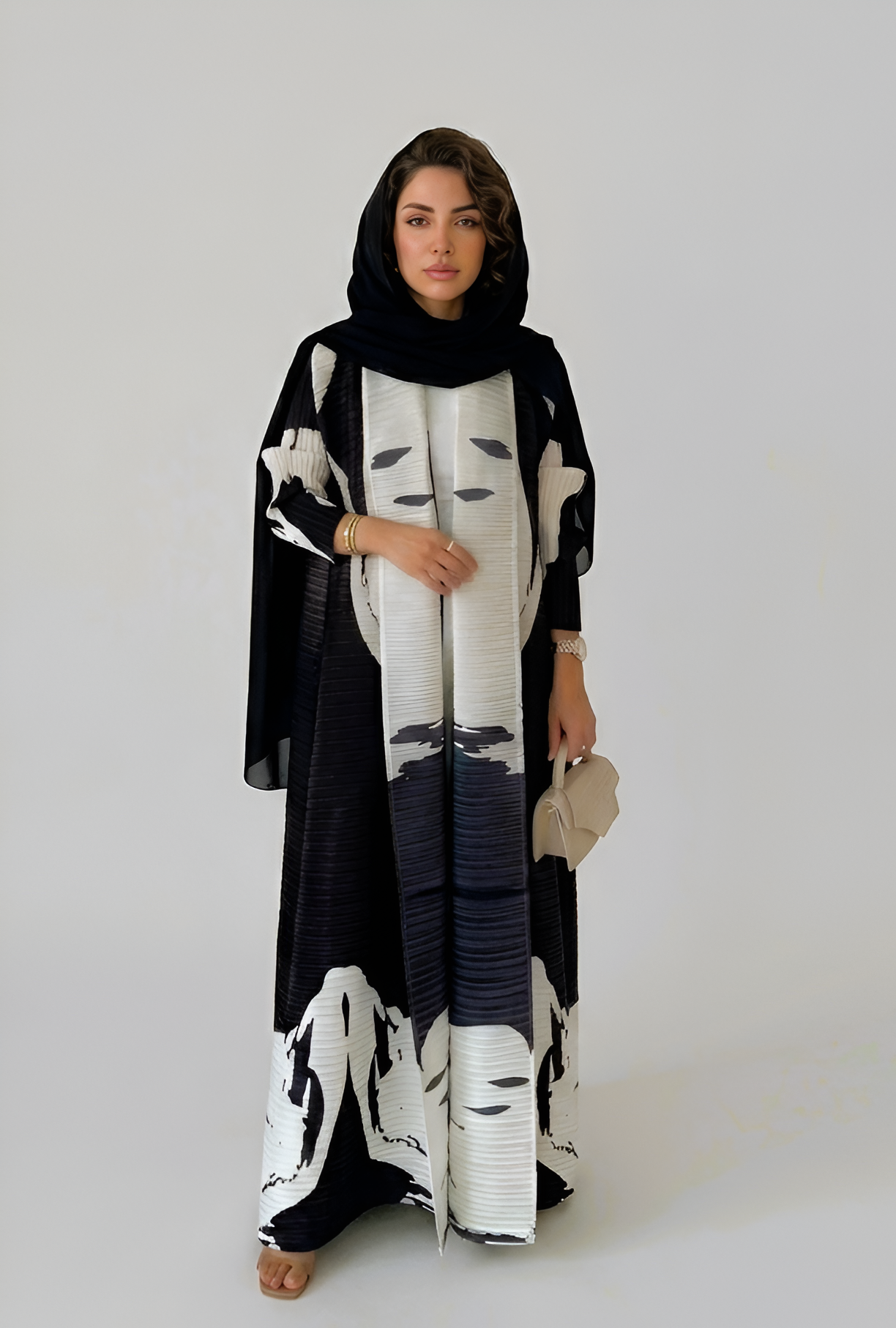 Black and White Printed Plisse Abaya