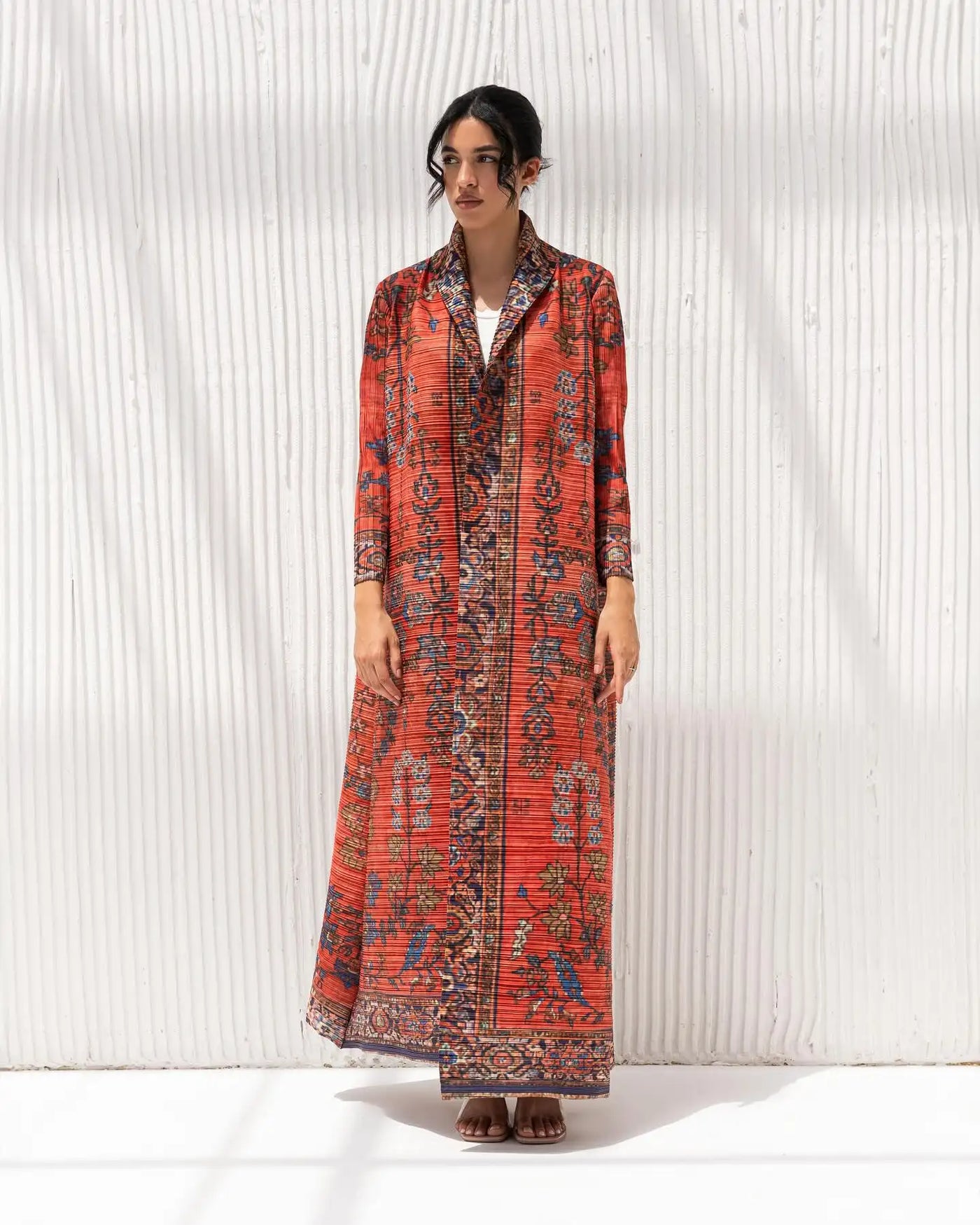 Orange Pleated Abaya with Floral Print