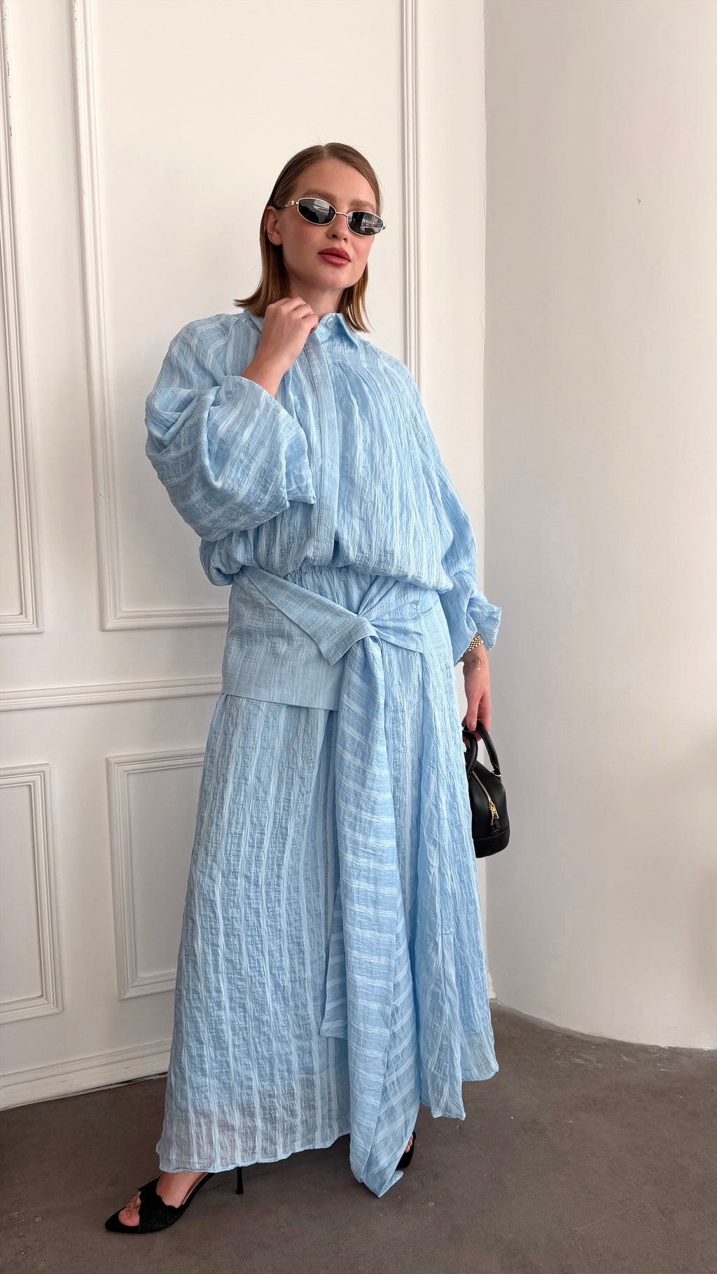 Sky Blue Striped Oversized Blouse with Skirt
