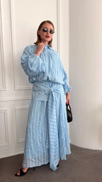 Sky Blue Striped Oversized Blouse with Skirt