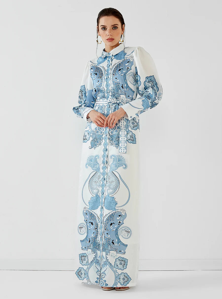 Blue Shirt Dress with Scarf Print