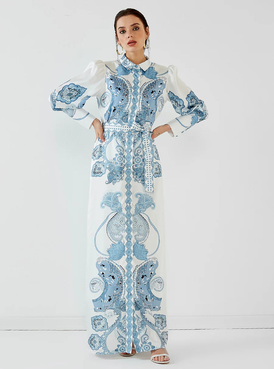 Blue Shirt Dress with Scarf Print