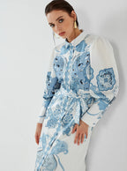 Blue Shirt Dress with Scarf Print