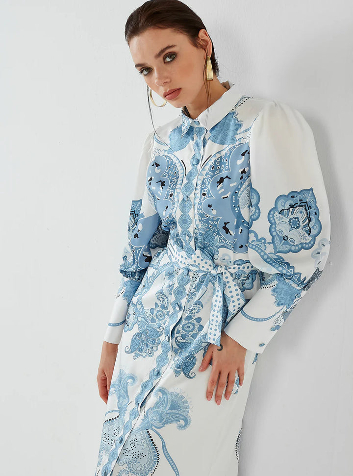 Blue Shirt Dress with Scarf Print