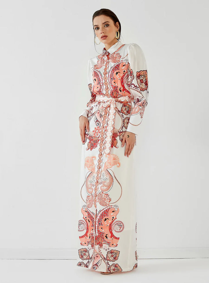 Peach Shirt Dress with Scarf Print