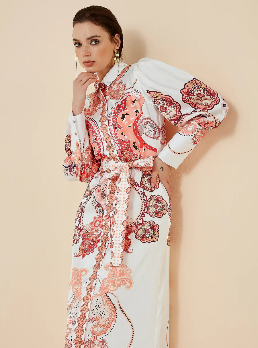 Peach Shirt Dress with Scarf Print